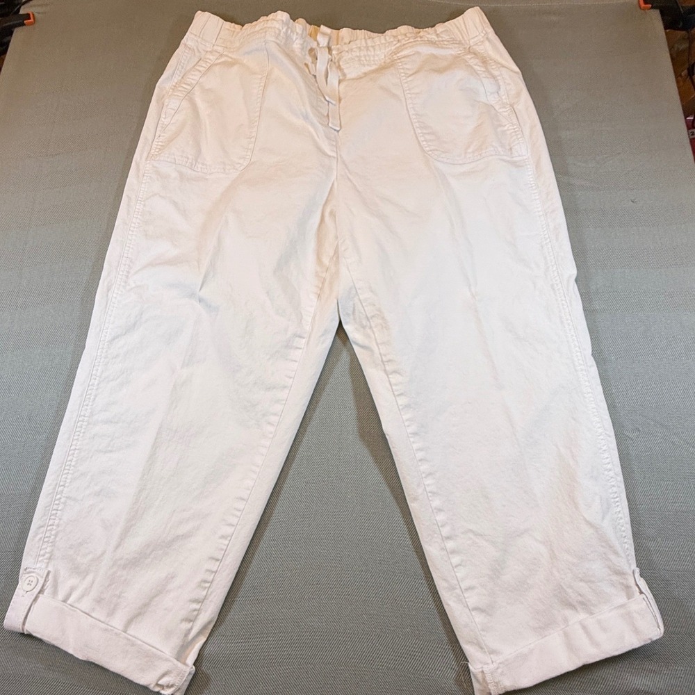 Talbots Plus Women 20W White Cropped Pants Cotton Blend Drawstring Cuffed 2465